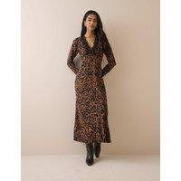 Nobody's Child Animal Print V-Neck Midi Tea Dress Brown Mix