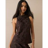 Nobody's Child Satin Leaf Print High Neck Tie Detail Blouse Brown