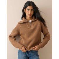 Nobody's Child Cotton Rich Ribbed Collared Half Zip Jumper Beige