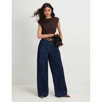 River Island Mid Rise Pleated Belted Wide Leg Jeans Dark Blue Denim