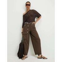 River Island Pure Cotton Barrel Leg Cargo Trousers Dark Khaki