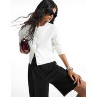 River Island Ribbed Crew Neck Chinoiserie Drummer Cardigan Cream