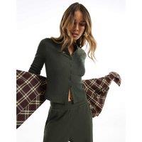 River Island Ribbed Crew Neck Fitted Cardigan Khaki