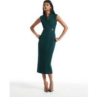 River Island Notch Neck Belted Midi Tailored Dress Green