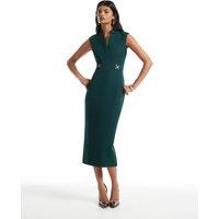 River Island Notch Neck Belted Midi Tailored Dress Green