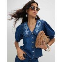 River Island Denim Collared Puff Sleeve Shirt Dark Blue Denim