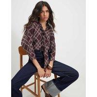 River Island Pure Cotton Checked High Neck Relaxed Blouse Burgundy Mix