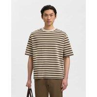 Selected Pure Cotton Jersey Striped Crew Neck T-Shirt Beige