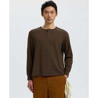 Selected Pure Cotton Jersey Henley Long Sleeve T-Shirt Dark Brown