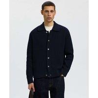 Selected Pure Cotton Rib-Knit Polo Cardigan Dark Blue