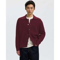 Selected Pure Cotton Rib-Knit Polo Cardigan Burgundy