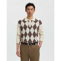 Selected Pure Merino Wool Argyle Knitted Polo Shirt Light Cream