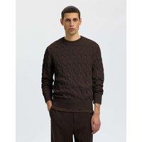Selected Pure Cotton Cable Crew Neck Jumper Dark Brown