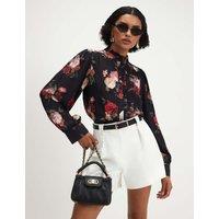 River Island Floral High Neck Ruffle Blouse Black Mix