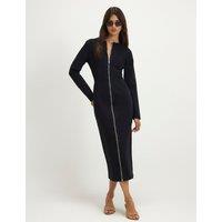 River Island Cotton Rich Zip Up Midi Bodycon Dress Black