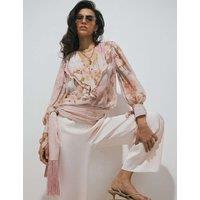 River Island Floral Ruffle Detail Blouse Beige Mix