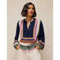 White Stuff Printed Collarless Relaxed Blouse Navy Mix