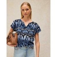 White Stuff Pure Cotton Printed Notch Neck T-Shirt Blue Mix