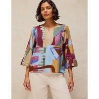 White Stuff Cotton Blend Printed V-Neck Blouse Pink Mix