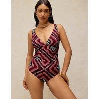 White Stuff Patterned Tie Detail Plunge Swimsuit Purple Mix