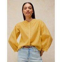 White Stuff Cotton Rich Jacquard Blouson Sleeve Blouse Yellow Mix