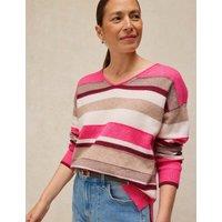 White Stuff Wool Blend Striped V-Neck Jumper Pink Mix