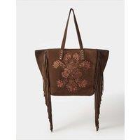 ACCESSORIZE Suede Embroidered Fringed Tote Bag Chocolate
