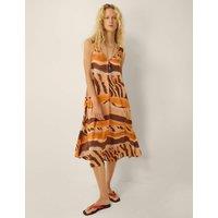 Monsoon Printed V-Neck Midi Dress Brown Mix