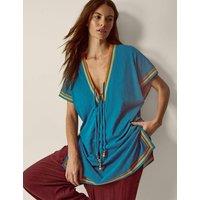 Monsoon Pure Cotton V-Neck Beach Cover Up Kaftan Light Blue