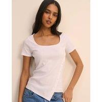 Nobody's Child Cotton Rich Ribbed Square Neck Asymmetric Fitted T-Shirt White