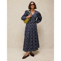 White Stuff Pure Cotton Polka Dot Pleated Midi Dress Navy Mix