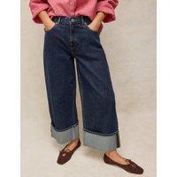 White Stuff Mid Rise Wide Straight Leg Turn Up Jeans Dark Blue Denim