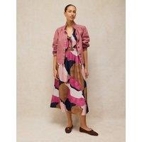 White Stuff Printed Knotted V-Neck Midi Waisted Dress Pink Mix