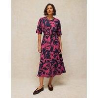 White Stuff Pure Cotton Floral Belted Midi Tea Dress Navy Mix