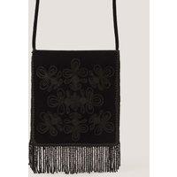 Monsoon Velvet Embroidered Fringed Shoulder Bag Navy Mix