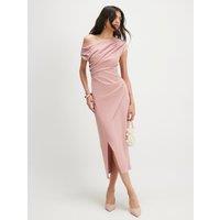 River Island One Shoulder Draped Midi Bodycon Dress Pink