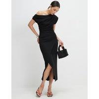 River Island One Shoulder Draped Midi Bodycon Dress Black