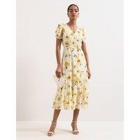 Phase Eight Floral V-Neck Tie Waist Midi Tiered Dress Yellow Mix