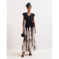 Phase Eight Floral V-Neck Pleated Maxi Waisted Dress Black Mix