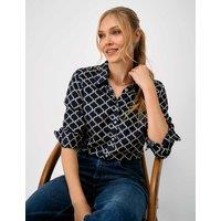 Crew Clothing Lyocell Blend Printed Button Through Shirt Navy Mix
