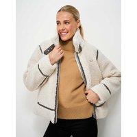 Crew Clothing Borg Faux Leather Trim Aviator Jacket Oatmeal