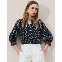 BAUKJEN Crepe Polka Dot Collared Puff Sleeve Blouse Navy Mix