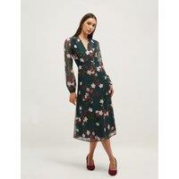 HOBBS Floral Embroidered V-Neck Skater Dress Green Mix