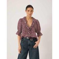 HUSH Spot Print V-Neck Relaxed Ruffle Blouse Blue Mix