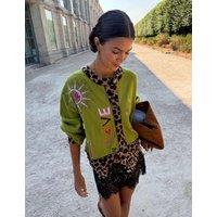 Never Fully Dressed Embroidered Crew Neck Relaxed Cardigan Khaki Mix