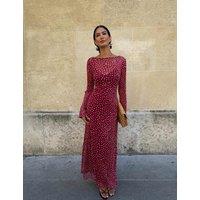 Never Fully Dressed Mesh Deer Print Slash Neck Maxi Dress Burgundy Mix