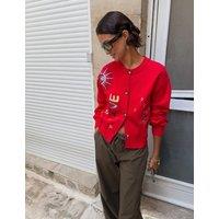 Never Fully Dressed Embroidered Crew Neck Relaxed Cardigan Red Mix