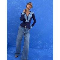 Never Fully Dressed V-Neck Lace Detail Fitted Cardigan Navy Mix