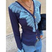 Never Fully Dressed V-Neck Lace Detail Fitted Cardigan Navy Mix