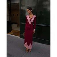 Never Fully Dressed Lace Trim V-Neck Cardigan Burgundy Mix